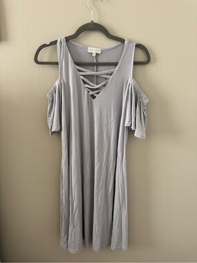 Simply Southern Cold Shoulder Crisscross Front Dress in Light Gray